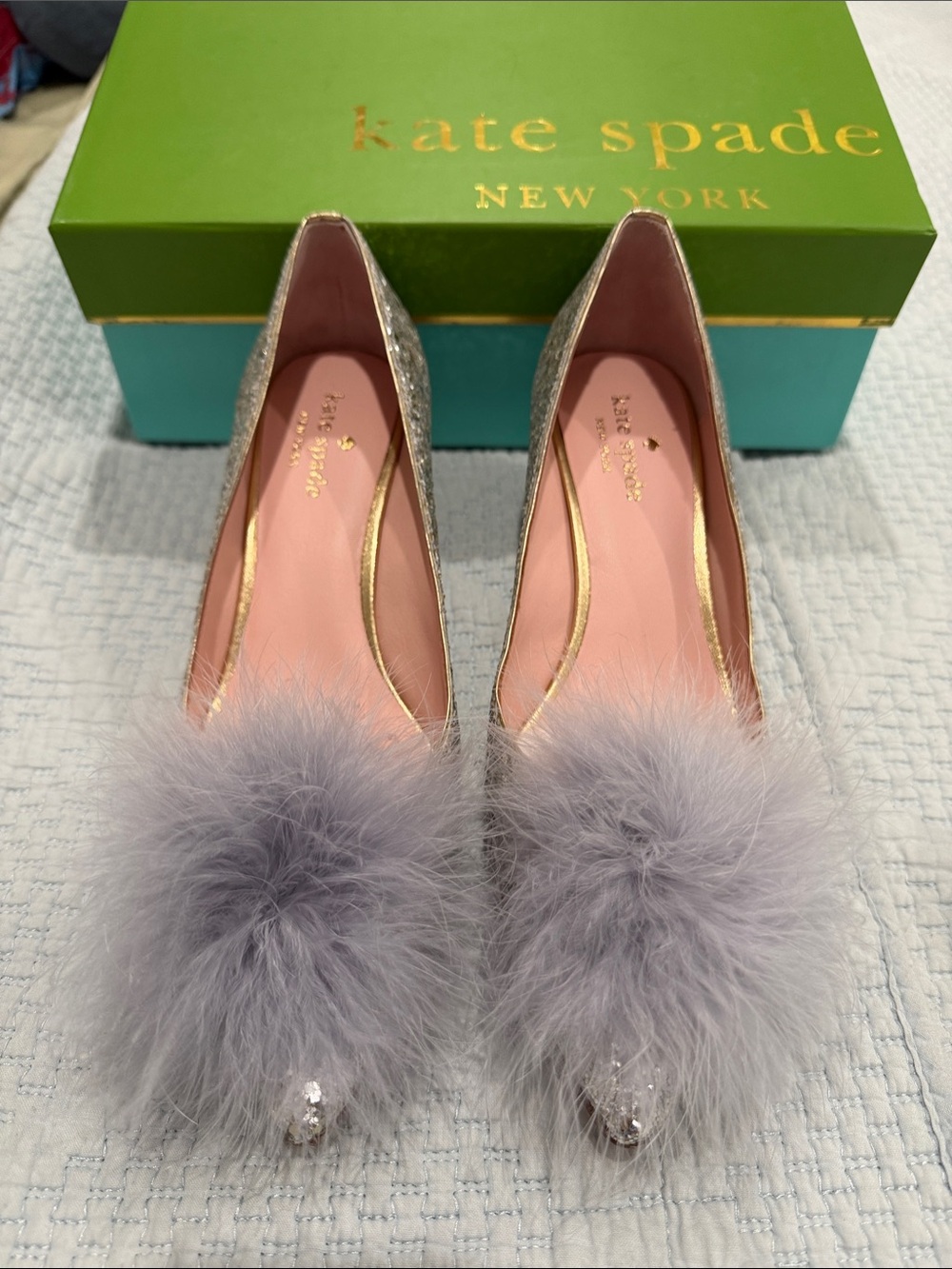 kate spade silver glitter flats with lavender pom poms